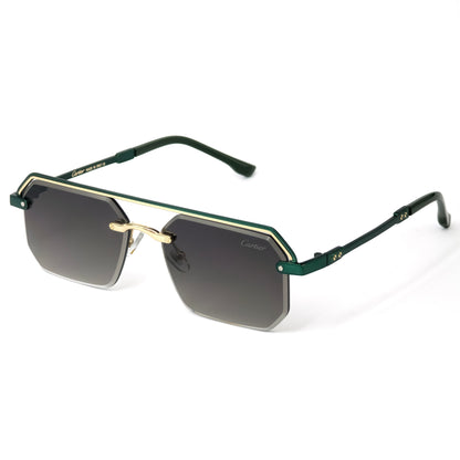 Sunglasses with green and gold frame on a white background