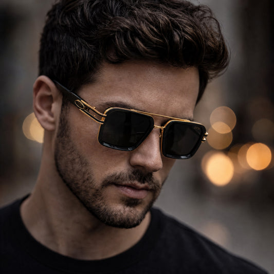 Man wearing gold-framed sunglasses with a blurred background