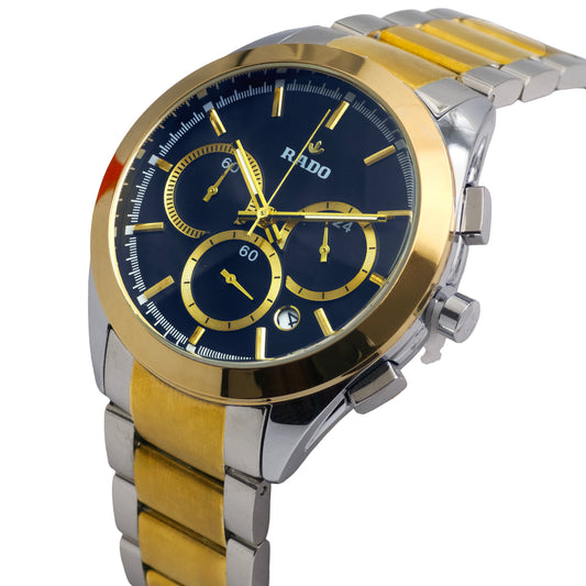A RADO chronograph watch with a blue dial, gold bezel, and a silver and gold steel bracelet.
