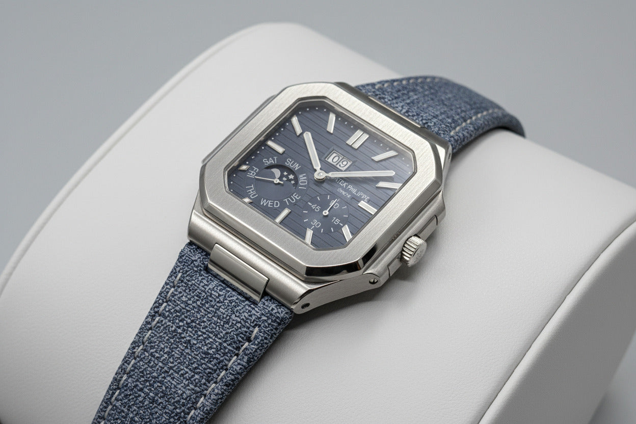 Watch with blue strap and detailed face on a dark background