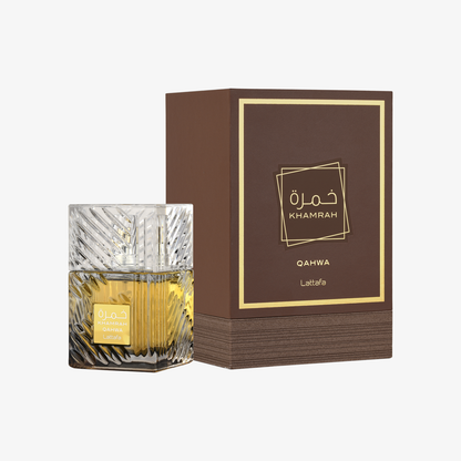 Khamrah Qahwa perfume bottle and packaging on a white background