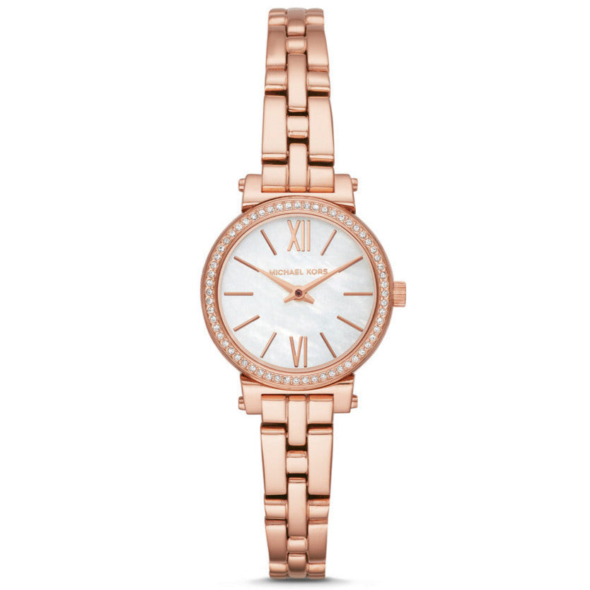 Rose gold watch with a white dial on a white background