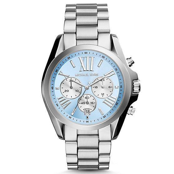 Silver watch with a blue face on a white background