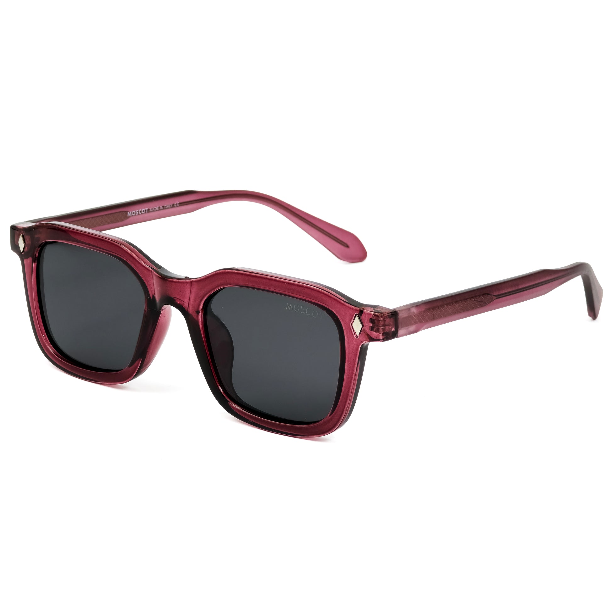 Sunglasses with red frame and dark lenses on a white background
