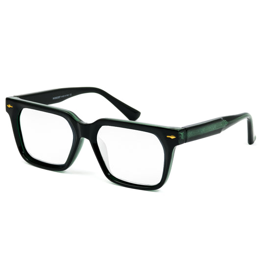 Black eyeglasses with green accents on a white background