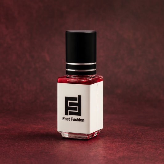 Fragrance Oil bottle with black cap and white label featuring 'Fast Fashion' logo on a red background