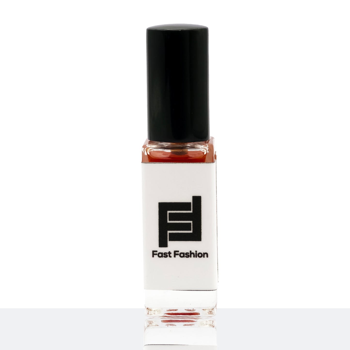 Small bottle with a black cap and white label featuring 'Fast Fashion' logo on a white background