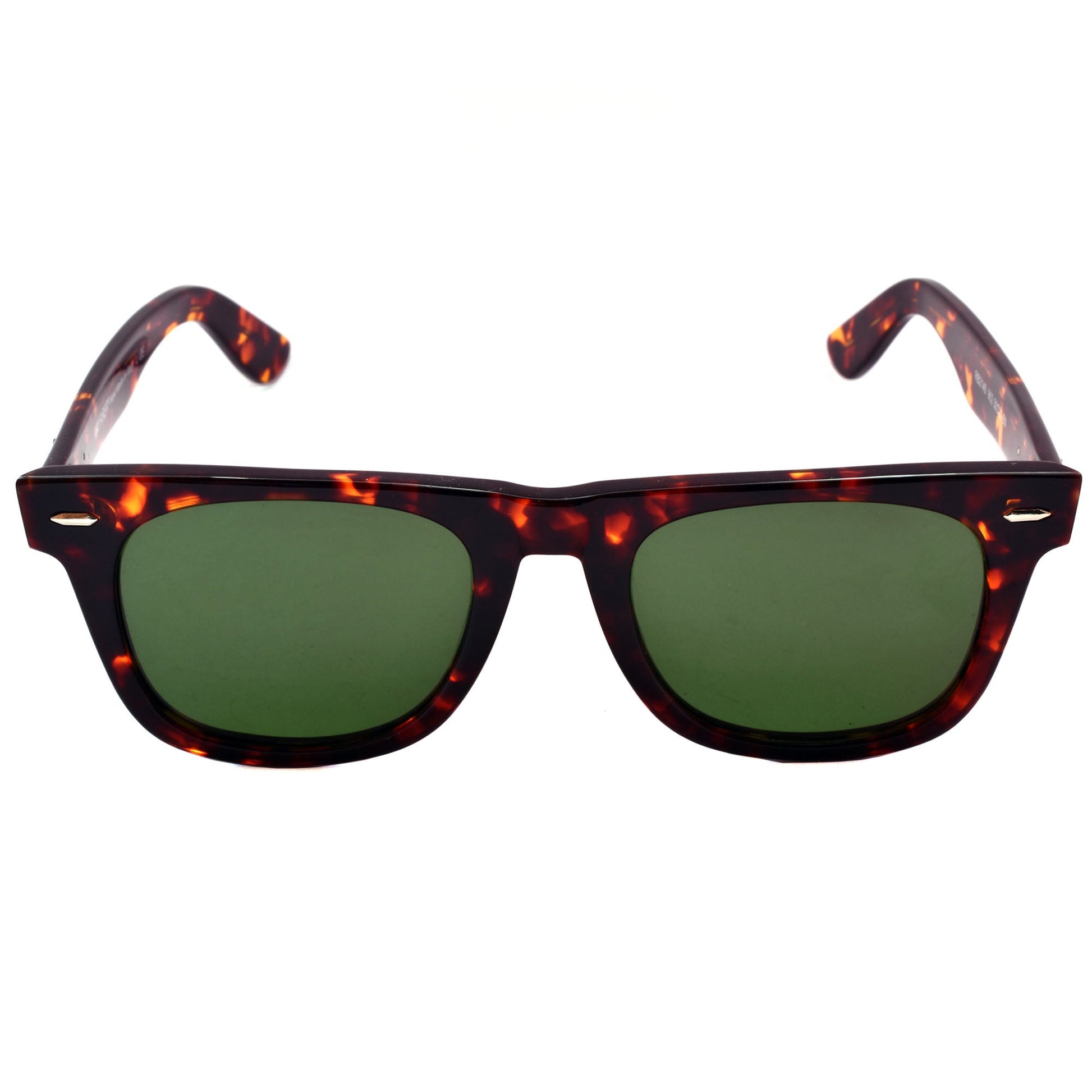 Retro-style sunglasses with a dark brown and orange tortoiseshell acetate frame and green-tinted lenses, shown against a plain white background with a black promotional banner at the bottom.