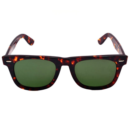 Retro-style sunglasses with a dark brown and orange tortoiseshell acetate frame and green-tinted lenses, shown against a plain white background with a black promotional banner at the bottom.