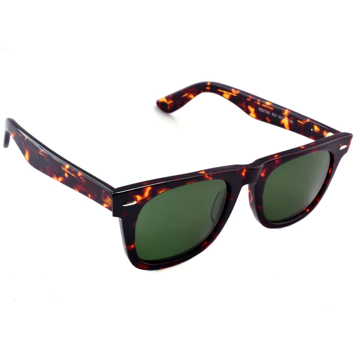 Retro-style sunglasses with a dark brown and amber tortoiseshell acetate frame and dark green lenses, shown on a white background with a black promotional banner at the bottom.