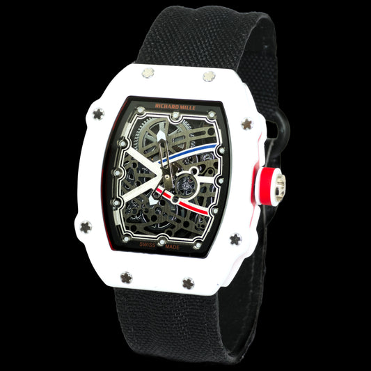 Luxury watch with a black strap and transparent face on a white background
