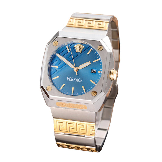 Versace watch with blue face and gold accents on a wooden surface