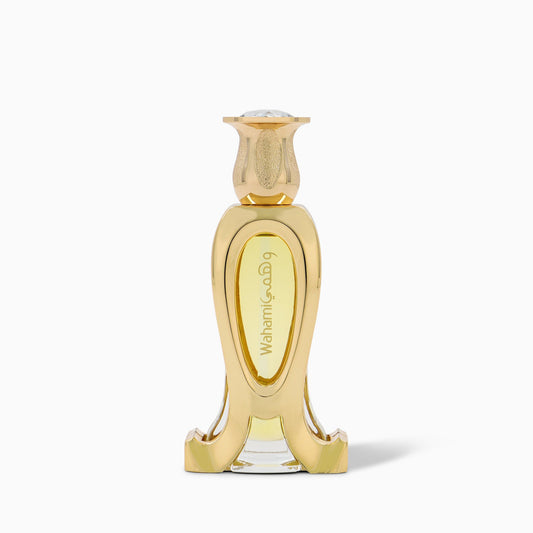 Gold perfume bottle on a white background