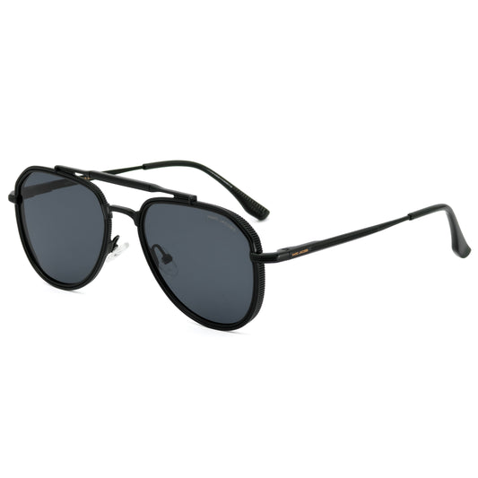 Black sunglasses with dark lenses on a white background