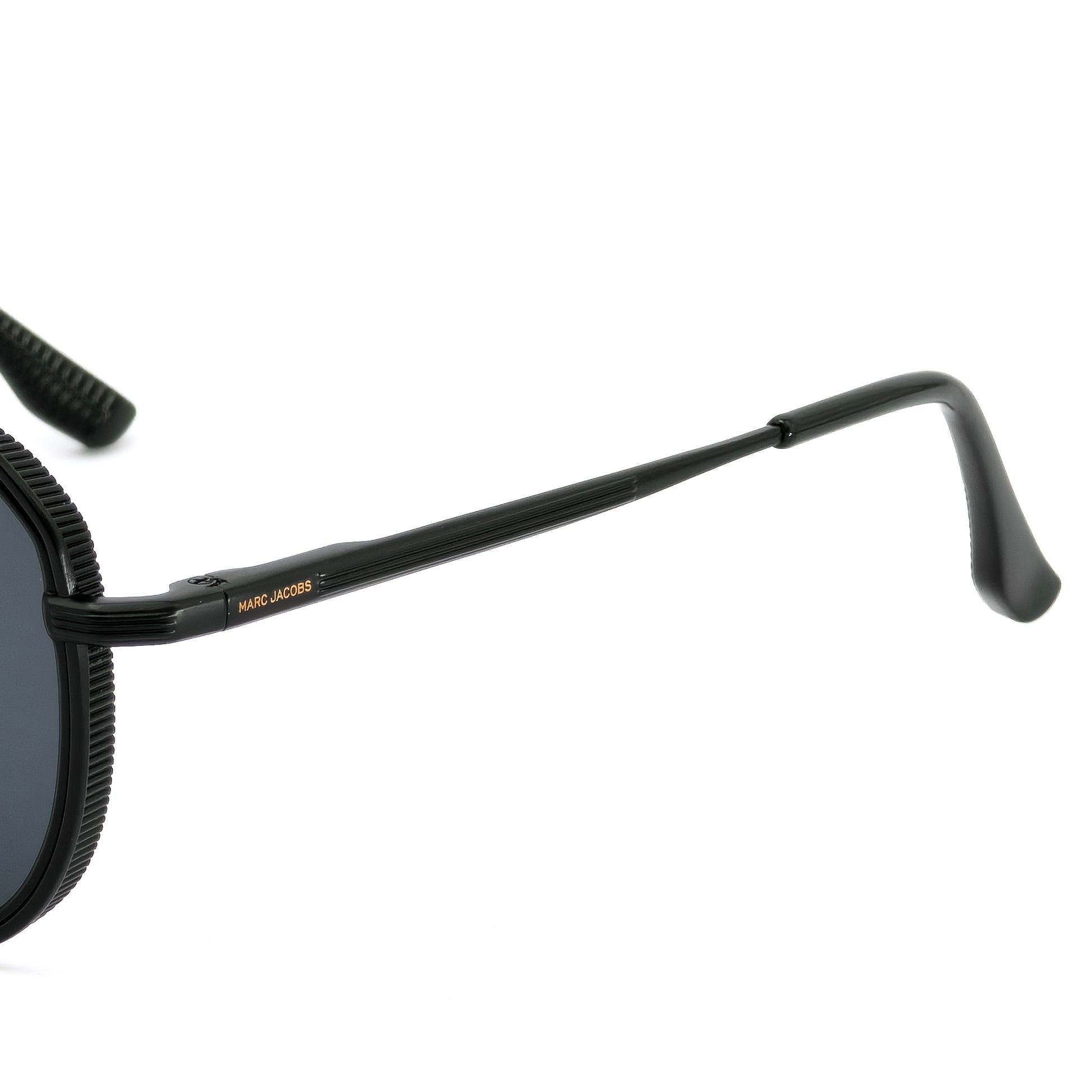 Black sunglasses with 'Marc Jacobs' branding on a white background