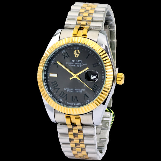 Two-tone silver and gold watch with black dial on a white background