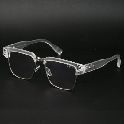 Clear eyeglasses with silver accents on a black background