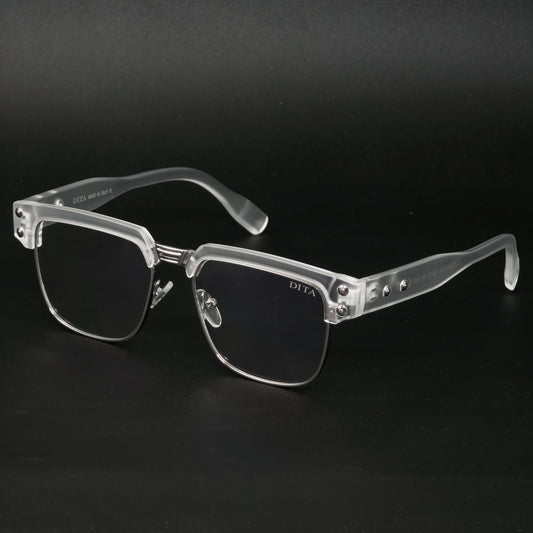 Clear eyeglasses with silver accents on a black background