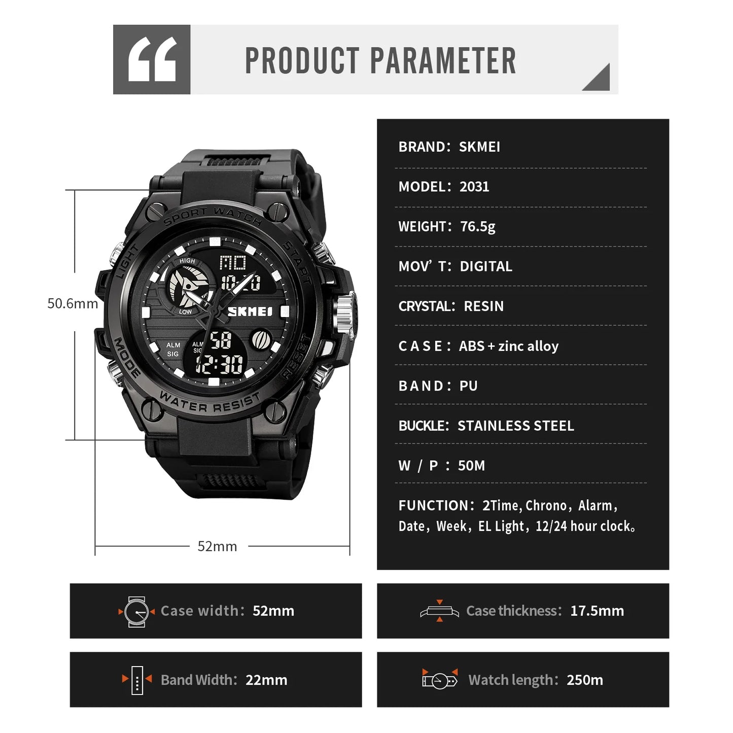 SKMEI Multifunction Dual Time Chrono Date Quartz Watch | SKMEI 2031