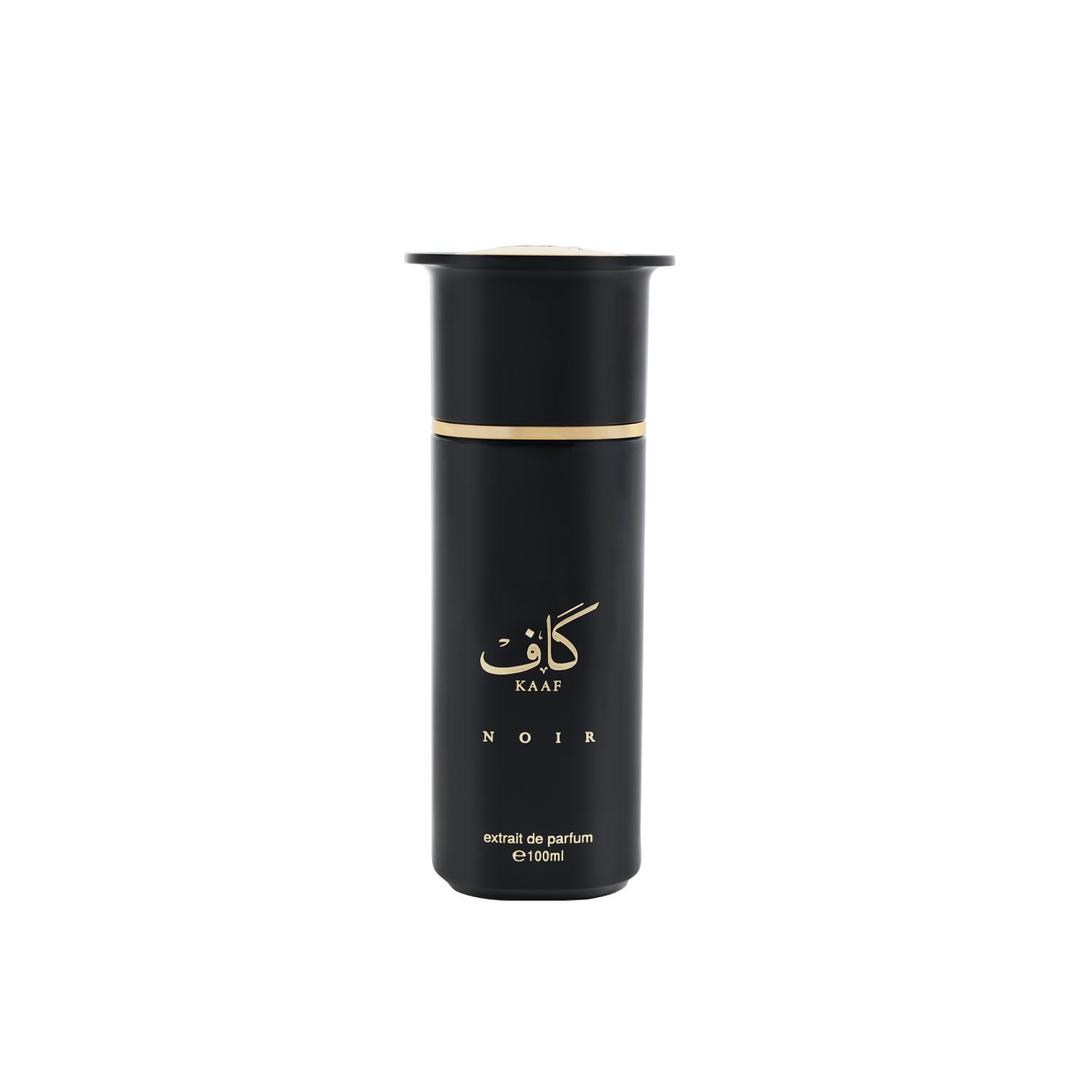 Black perfume bottle with gold accents on a white background