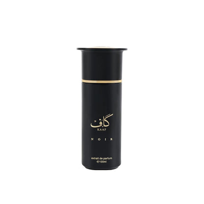 Black perfume bottle with gold accents on a white background