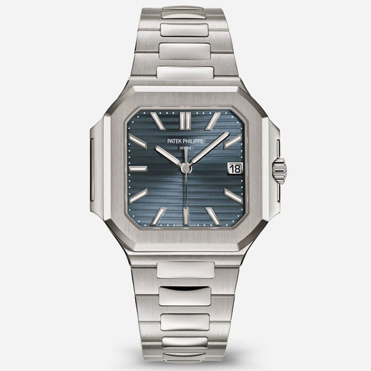 Silver Patek Philippe watch with blue dial on a white background