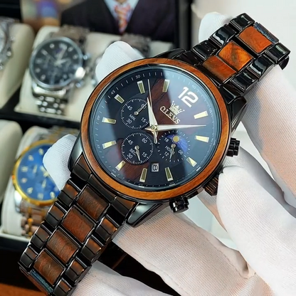 Luxury watch with wooden and metal strap on a wooden surface