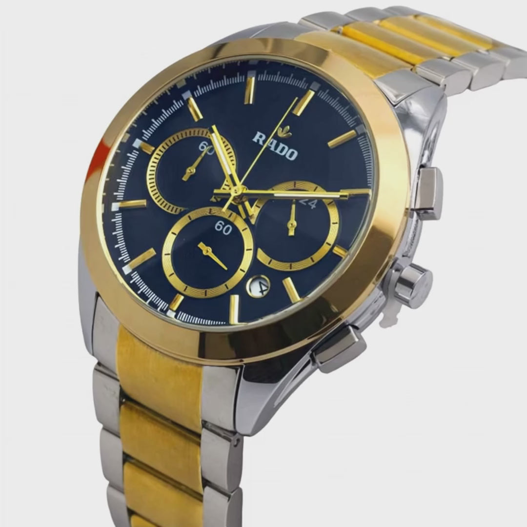 A RADO chronograph watch with a blue dial, gold bezel, and a silver and gold steel bracelet.
