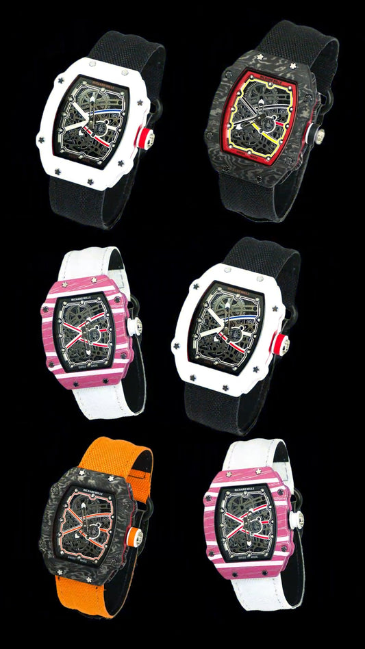 Luxury watch with black strap and transparent face on a white background