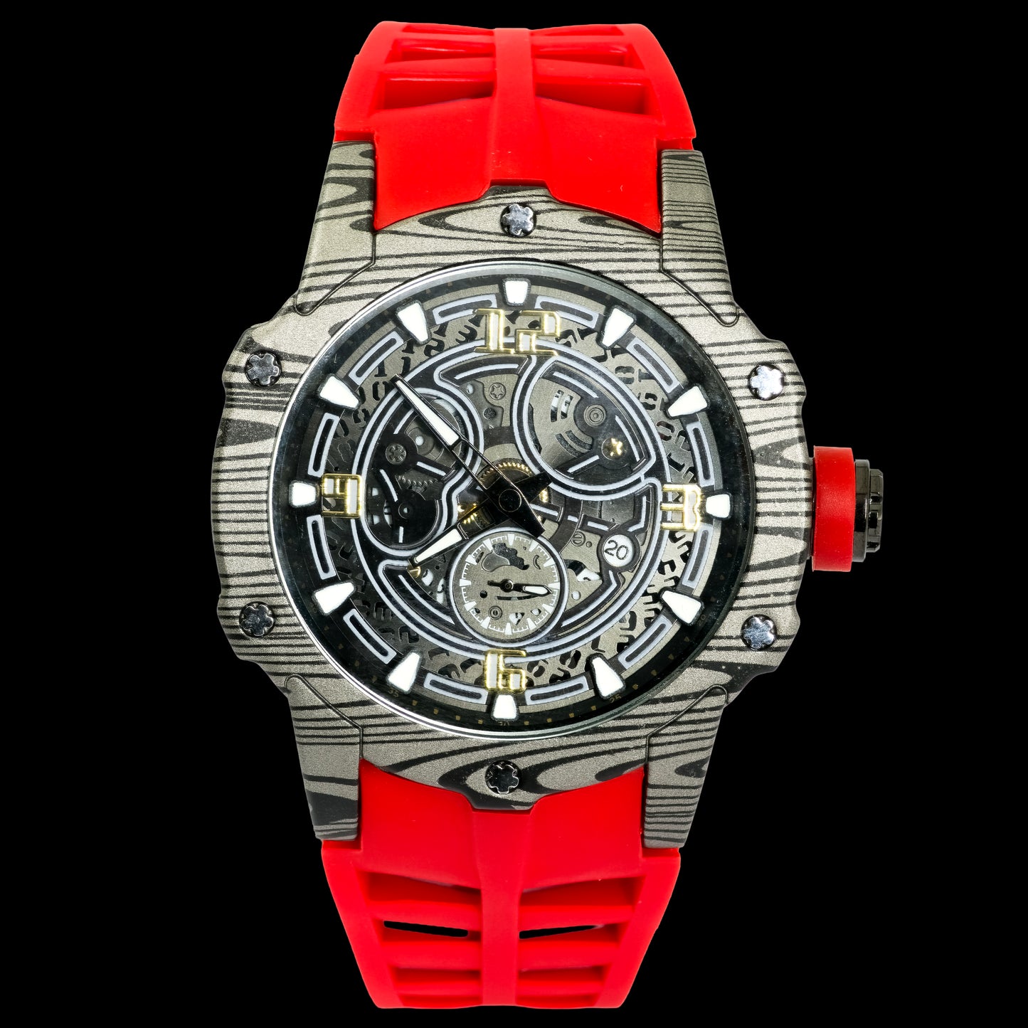 Watch with red strap and detailed face on a black background