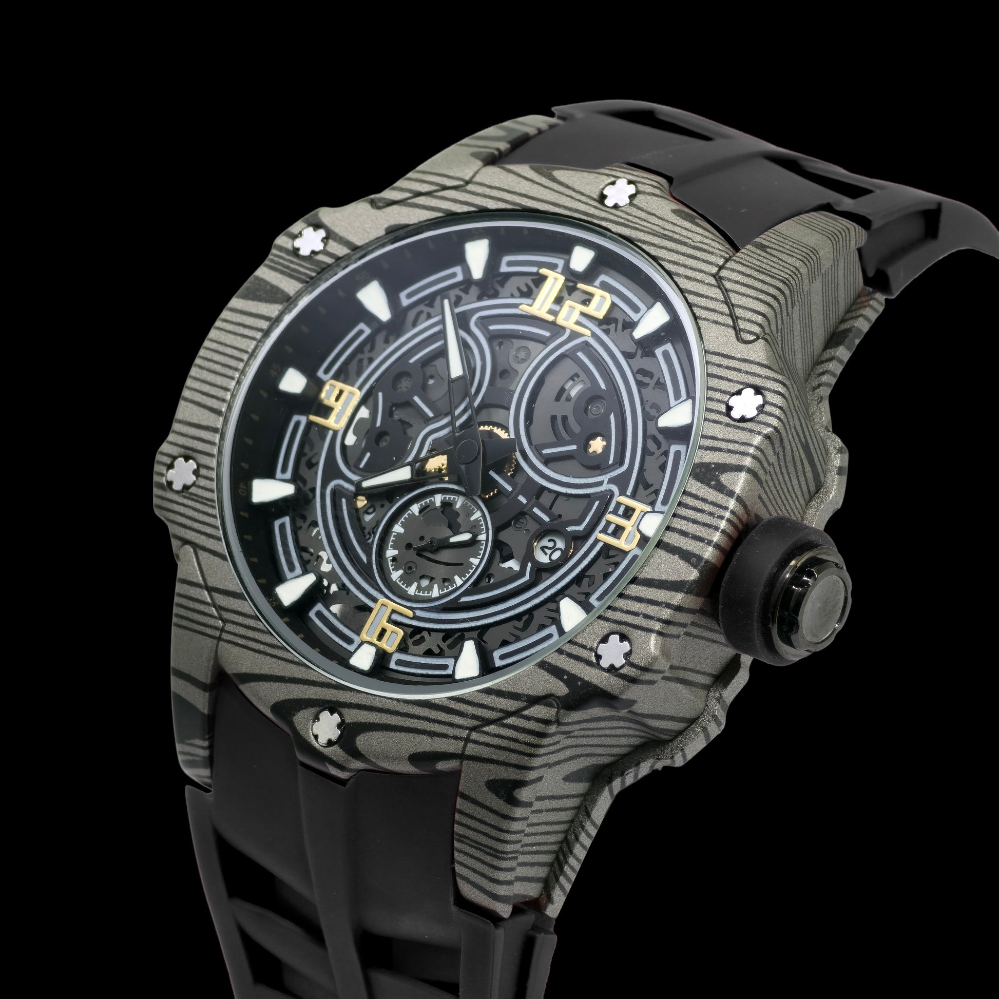 Luxury watch with intricate design on a black background