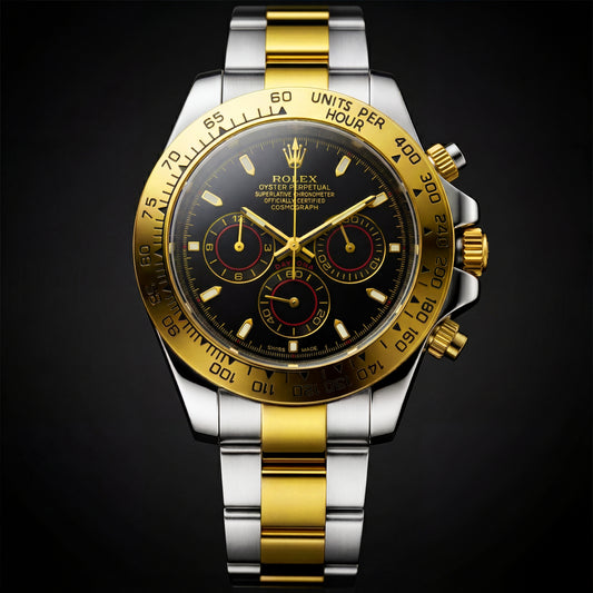 Luxury watch with gold and silver band on a black background