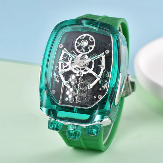 Green wristwatch with transparent case on a light green background