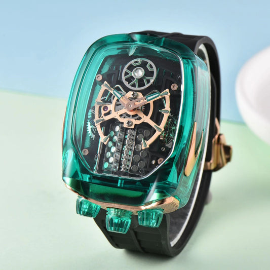 Luxury green transparent watch with black strap on a light blue background