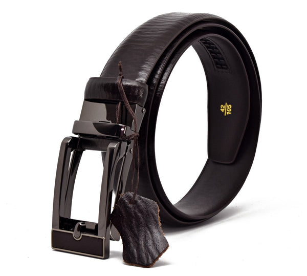 A dark chocolate brown leather belt with a smooth finish, featuring a gear buckle and a small leather-wrapped package attached to it.