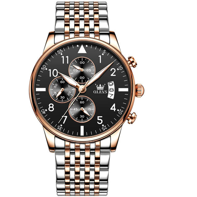 An OLEVS branded analog wristwatch with a stainless steel band and a black dial featuring multiple subdials, a chronograph, and a date display.